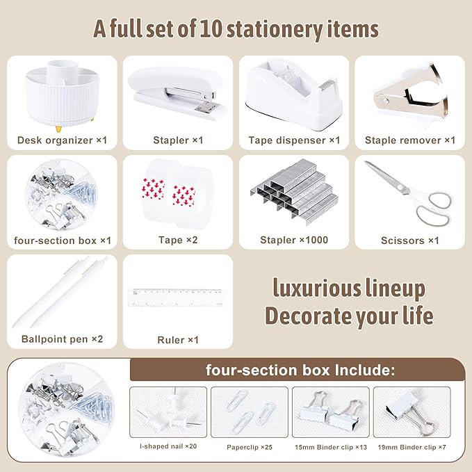 Gawsey Desk Organizers and Accessories Set with 360-Degree Rotating Pen Holder, Tape Dispenser, Stapler, Staple Remover, 1000 Staples, Tape, Clips Set, Ruler, Scissor, Pen (White)