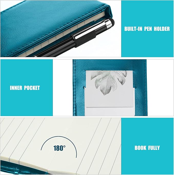 Outus 10 Pcs Mini Pocket Notepad Holder Set Included Small Leather Pocket Notebook Holder with 50 Lined Sheets, Metal Pen, 8 Pcs 3 x 5 Inch Memo Book Refills, 30 Lined Paper Per Note Pad (Sky Blue)