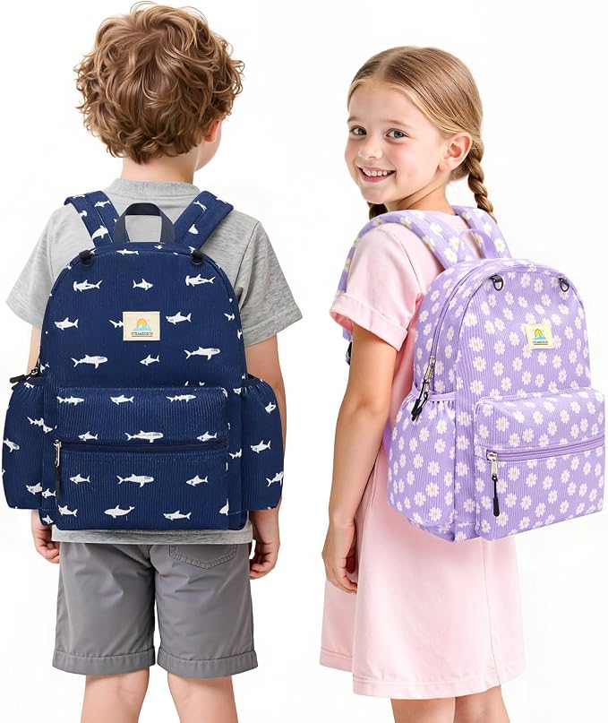 STEAMEDBUN Corduroy Kids Backpack for Girls and Boys 5-8: Girls Backpack for Elementary Kindergarten - 15 inch Cute Backpacks for Kids - Purple Daisy