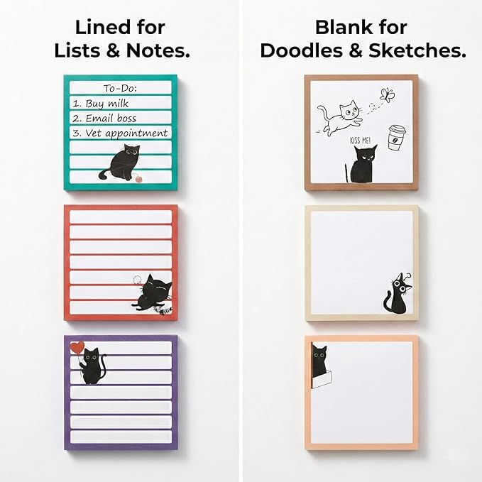 Cute Sticky Notes 9 Pack, 3x3 Inch Adhesive Memo Pads 450 Sheets, Lined and Blank, Kawaii Kitten Stationery, Funny Cat Lover Gifts for Women, Office Desk School Supplies