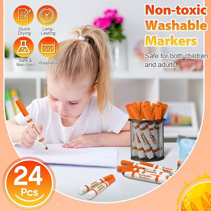 24 Pcs Washable Markers Bulk Broad Line Markers Coloring Conical Tip Large pens for Kids art projects, Teachers, Students, Toddlers, Party Favors, Classrooms, Donations(Orange)