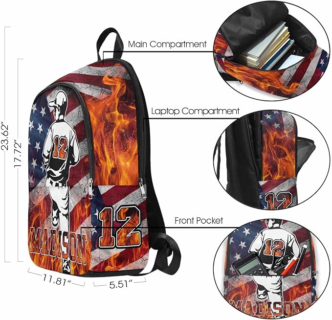 M YESCUSTOM Custom Boys School Backpack, Sports Baseball Personalized Name Kids Bookbag for Boys Elementary Middle School Bags Travel Laptop Backpack Casual Daypacks