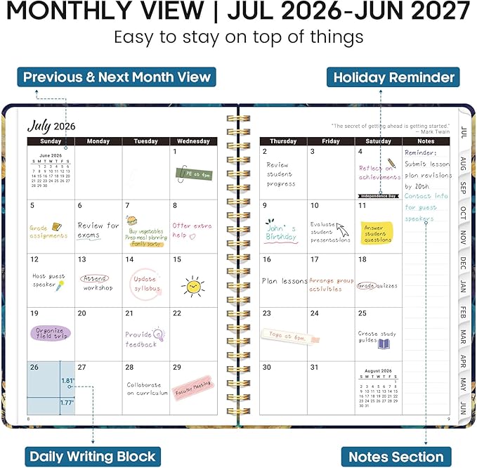 Academic Planner 2026-2027, Weekly and Monthly Calendar Book, July 2026 – June 2027, Hardcover Planner with Tabs, Perfect for Teachers, Students, Women & Men, A4 (8.5" x 11") - Turquoise Flowers