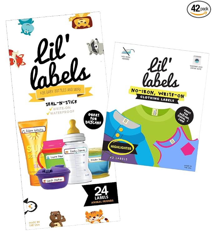 Lil' Labels Daycare Value Pack Bottle and Clothing Labels, Waterproof, Animal Friend, Highlighter