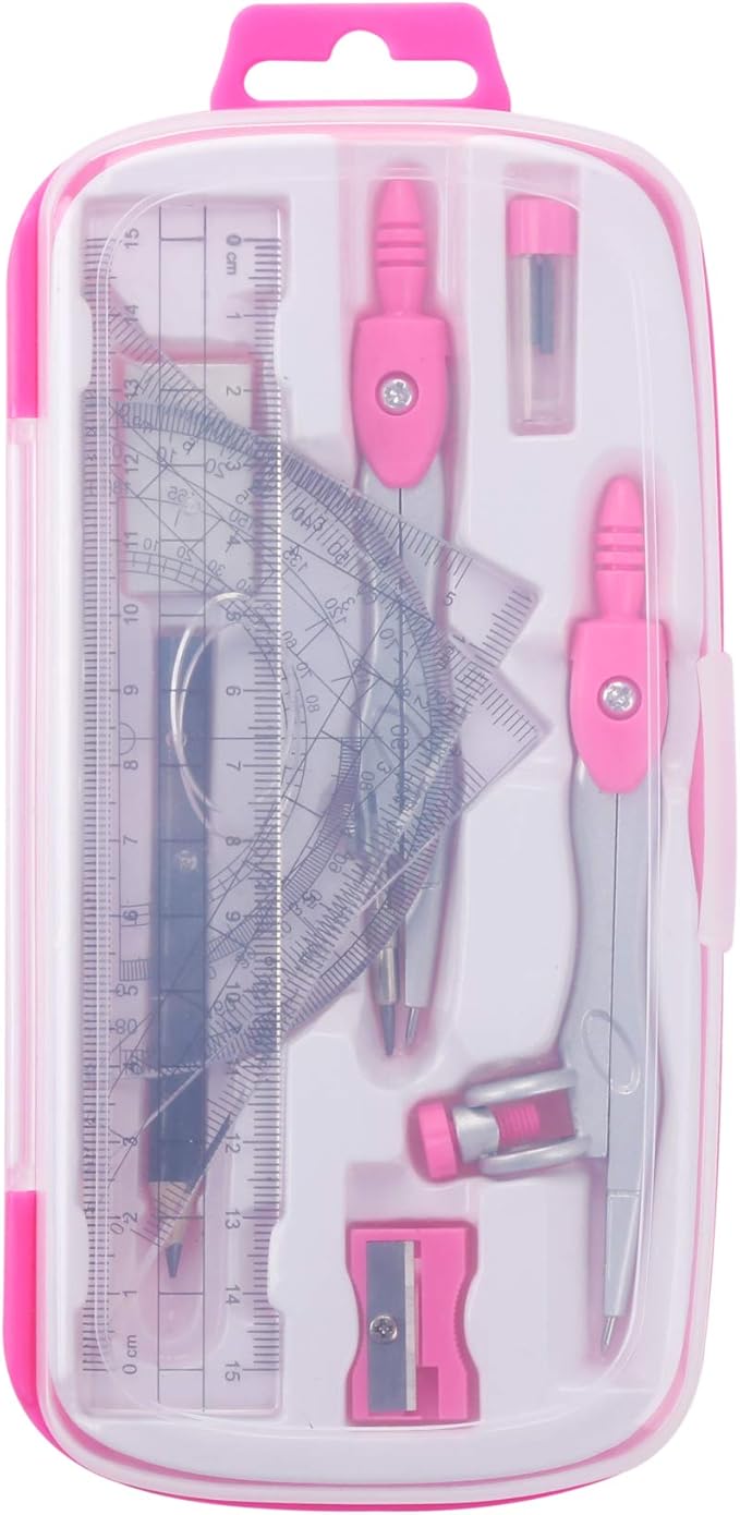 Unjoo Math Geometry Kit Sets 10 Piece Student Supplies with Shatterproof Storage Box,Includes Rulers,Protractor,Compass,Eraser,Pencil Sharpener,Lead Refills,Pencil,for Drafting and Drawings（Pink）