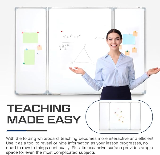 AmazingSpark 48” x 36” Foldable Whiteboard Dry Erase Board Large Tri Folding Whiteboard Magnetic Dry Erase Board, Wall Aluminium Frame and Pen Tray for Office, Home