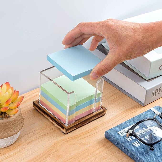 MyGift Acrylic Sticky Note Holder Dispenser with Removable Rustic Burnt Solid Wood Tray, 3-Inch Square Office Desktop Self-Stick Memo Pad Storage Cube