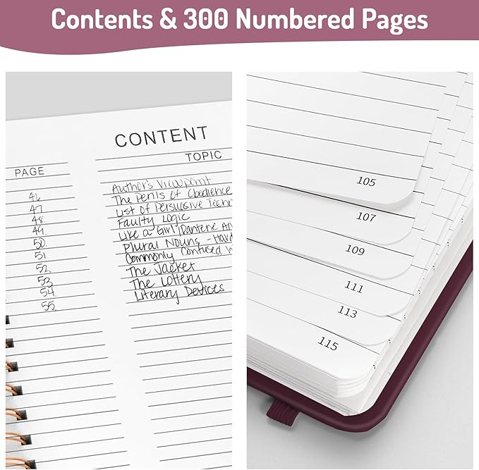 Forvencer A4 Lined Spiral Journal Notebook with 300 Numbered Pages, 11" X 8.5" Thick Journals for Writing with 100GSM Paper, Hardcover Notebooks with Contents for Work, School, Burgundy