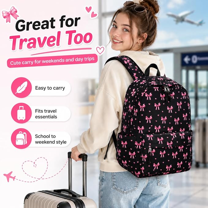 LOIDOU Backpack for Girls School Backpacks Bookbags for Elementary Middle School Women Laptop Backpacks (Bow Tie Black, L-17)