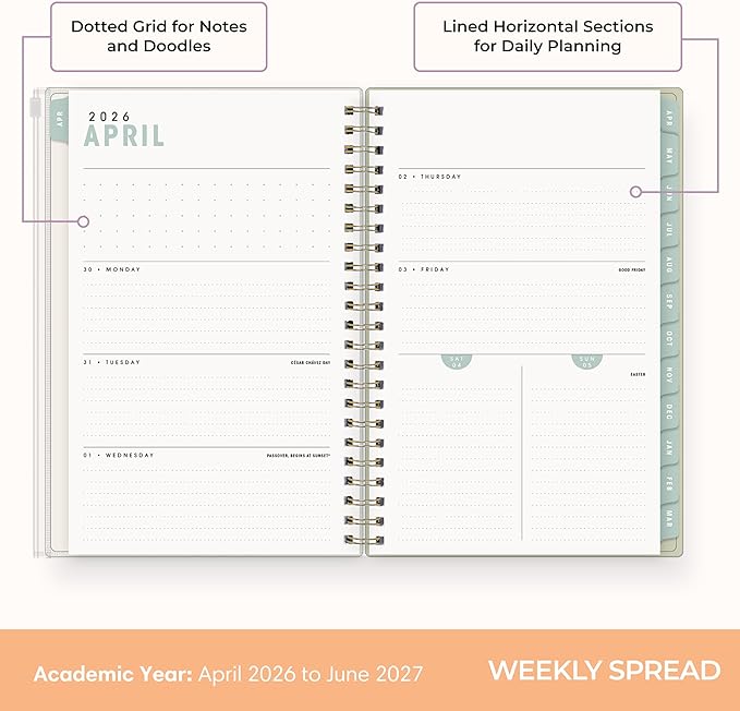 Blue Sky Brook Gossen 15 Month 2026-2027 Weekly and Monthly Academic Year Planner Calendar, April 2026 - June 2027, 5" x 8", Flexible Cover With Zip Pouch, Wirebound, Laminated Tabs, Storage Pocket, Green Check