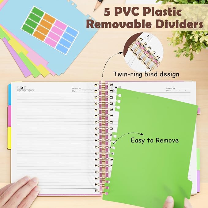 QIYVLOS Hardcover Spiral Notebook, B5 Journal with Removable Dividers Tabs, 5 Subject Notebook College Ruled, 320 Pages 8"x10" Leather Notebooks for Work School Study, Lined Journal for Women, Pink