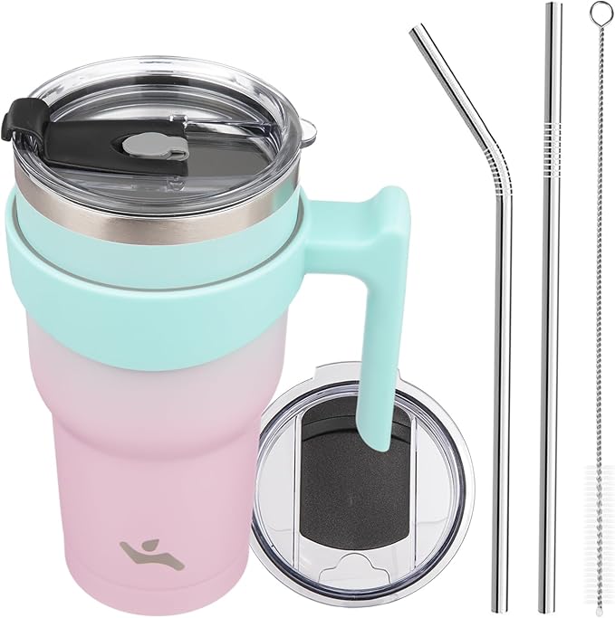 Konokyo 30 oz Tumbler with Handle and 2 Straw 2 Lid, Insulated Water Bottle Stainless Steel Vacuum Cup Reusable Travel Mug,Gum