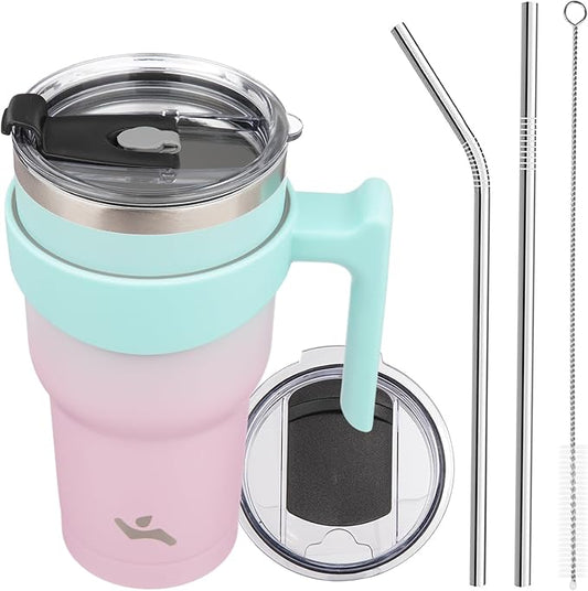 Konokyo 30 oz Tumbler with Handle and 2 Straw 2 Lid, Insulated Water Bottle Stainless Steel Vacuum Cup Reusable Travel Mug,Gum