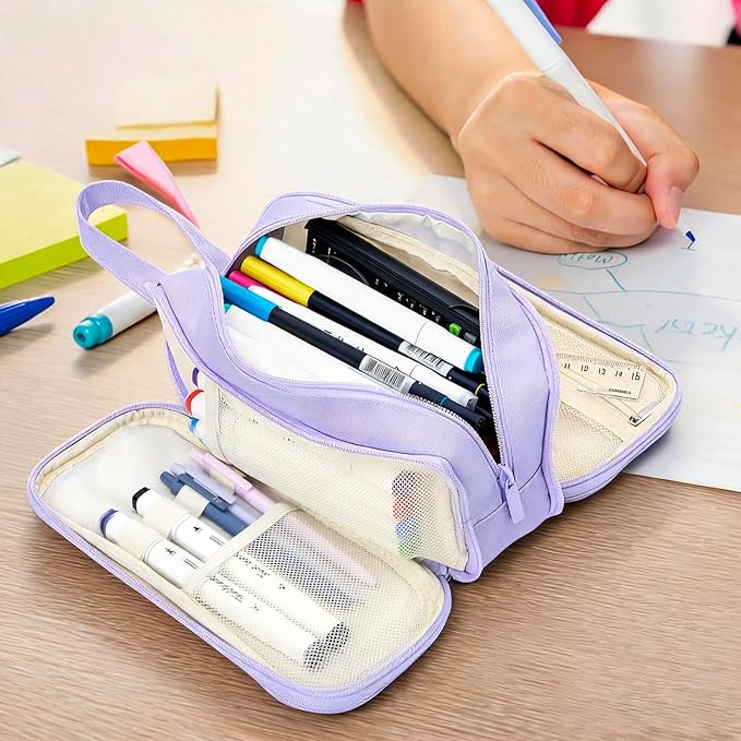 Pencil Case Pouch, Large Capacity Pencil Box Bag, Aesthetic Pen Organizer for School Supplies, Cute Preppy Stuff for Girls Boys Kids, Back to College Stationery, Purple