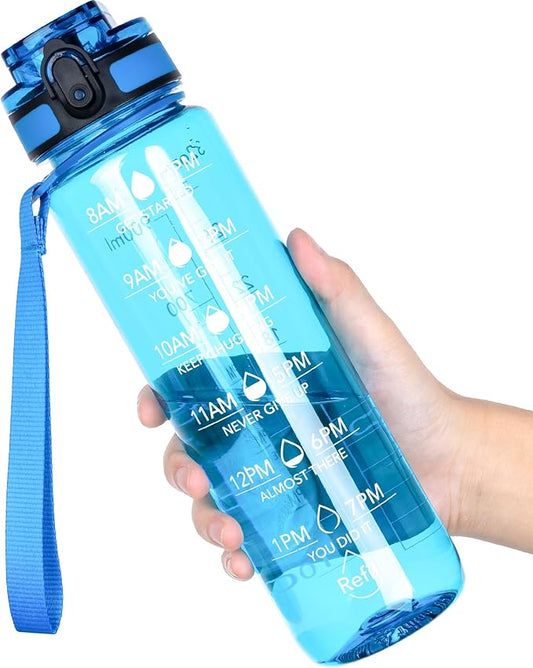 OLDLEY Water Bottle, 32oz Motivational Sports Water Bottle with Time Marker - Times to Drink - Tritan, BPA Free, Wide Mouth Leakproof, Glacial Blue (1 Bottle)
