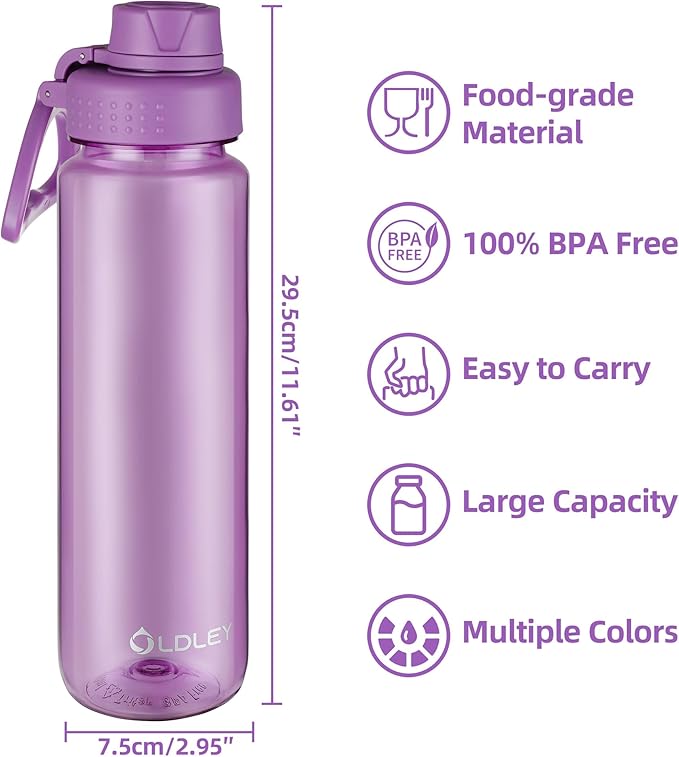 OLDLEY 32 oz Water Bottle, Sports Tritan Water Bottle with Carry Handle and Spout Lid, Leakproof & BPA Free Large Water Bottles for Home,Travel, School, Outdoors, Gym,Dark Purple