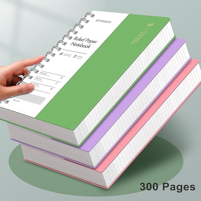EMSHOI A5 Spiral Notebook College Ruled Lined Journal, Small 5.7" X 8.22", 300 Pages/150 Sheets, 100gsm Thick Paper, Waterproof Hardcover, for Office School Women Men Work Writing Notes-Green