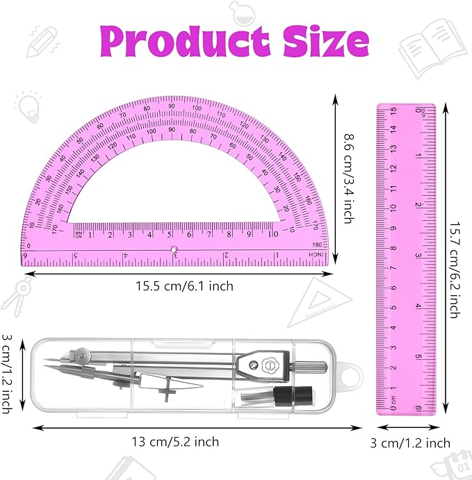 Zonon 3 Pcs Plastic Ruler 6 Inch Protractor Drawing Compass Set, Student Geometry Math Transparent Measuring Tools for Home School Classroom Office Supplies(6 Inch,Pink)
