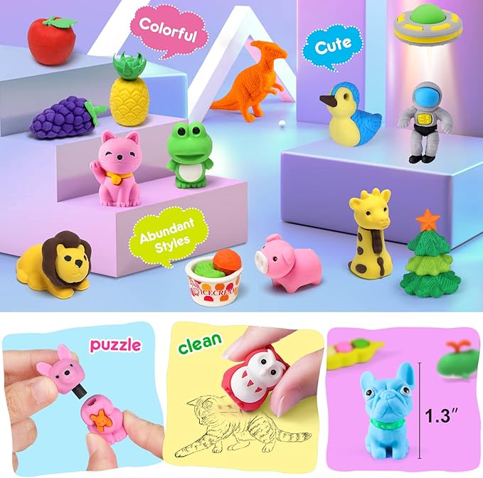 90 Pack Animal Erasers for Kids Bulk Desk Pets Classroom Prizes Treasure Box Toys for Classroom Supplies, 3D Puzzle Mini Erasers Pencil Eraser Back to School Supplies for Kids Party Favors (Random)