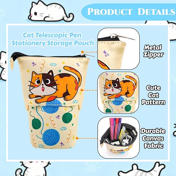 4 Pack Standing Pencil Case, Cute Cat Telescopic Pencil Storage Pouch Stationery Case, Portable Stand Up Makeup Bag Pencil Canvas Holder for Office Supplies, Cosmetics, Christmas Gift