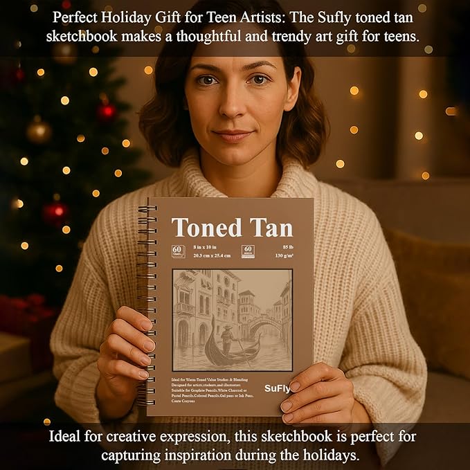 SuFly Toned Tan Paper Sketchbook, 5.5x8.5 Inches, 60 Sheets - 90lb/150gsm Tan Drawing Paper for Mixed Media, Charcoal, Graphite, Colored Pencils & White Gel Pens, 100% Recycled, Wire-O Bound.