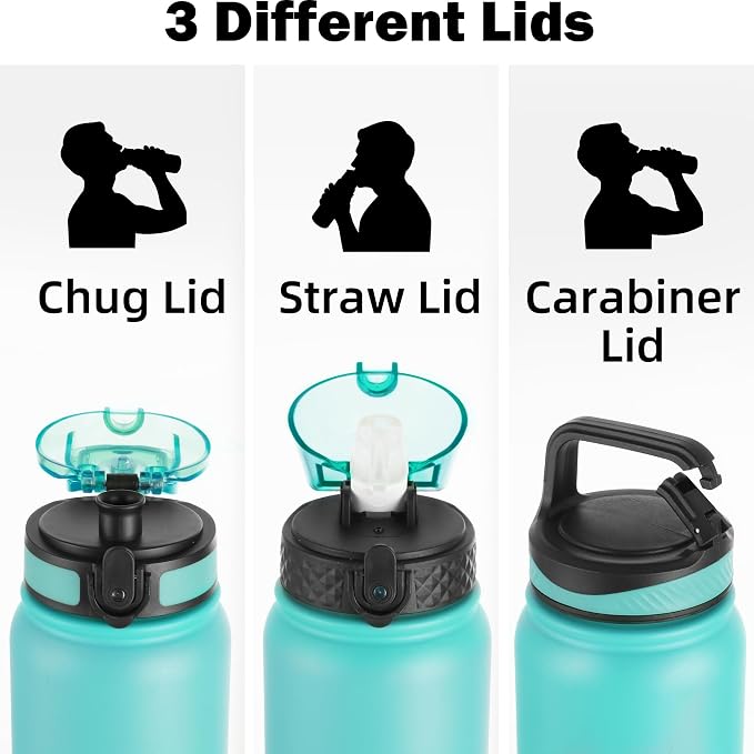 Oldley Insulated 32 oz Stainless Steel Water Bottle with Straw Lid & Chug Lid, Double Wall Vacuum Wide Mouth Sweat/Leak-Proof for Sports, Gym, Travel, Camping (Green-Purple)