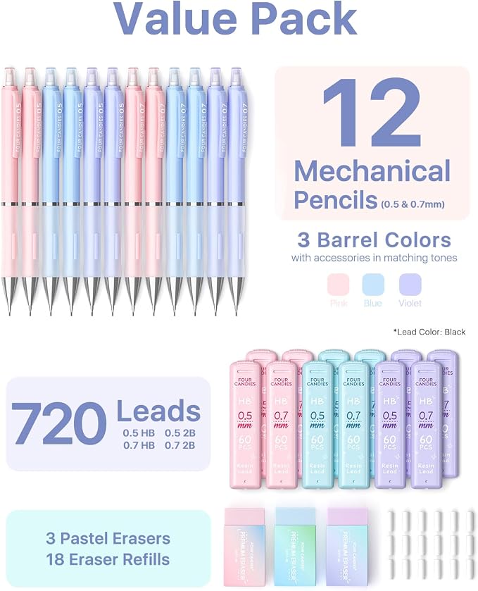 Four Candies Pastel Mechanical Pencil Set, 0.5mm & 0.7mm Point, Pack of 12 | 720 HB/2B Leads, 3 Erasers+18 Refills, Storage Case, Cute Pink/Purple/Blue Barrels, Rubber Grip, for Notes & Drawing