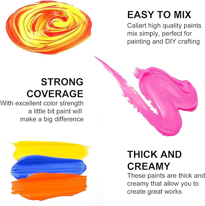 Caliart Acrylic Paint Set, 52 Colors Art Craft Paint Kits, Rich Pigments Non-toxic for Adults Artists Beginners, Canvas Ceramic Wood Rock Painting Supplies with 4 Brushes