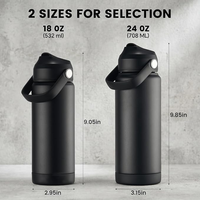 Fijinhom 18 oz Insulated Water Bottle with Straw Lid, Stainless Steel Water Bottles, Double Wall Vacuum, Portable Handle & Non-slip Bottom, BPA Free Leak Proof Metal Bottles (Black+Green, 2pack)