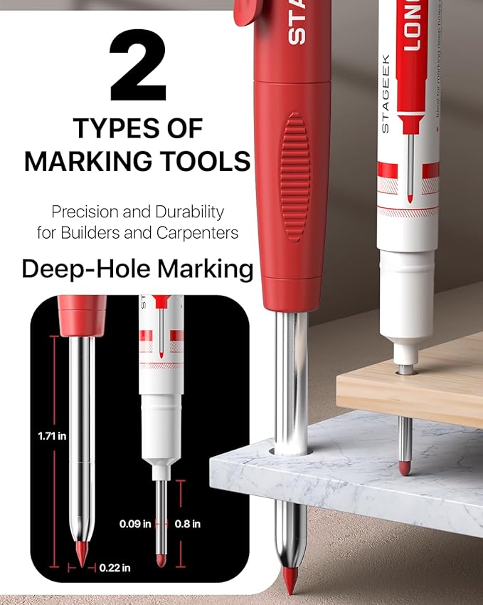 Carpenter Pencils with Sharpener, 2.8mm Mechanical Pencil Set with 26 Refills, Waterproof Deep Hole Long Nib Marker for Architect Marking, Heavy Duty Woodworking Tools for Construction Electricians