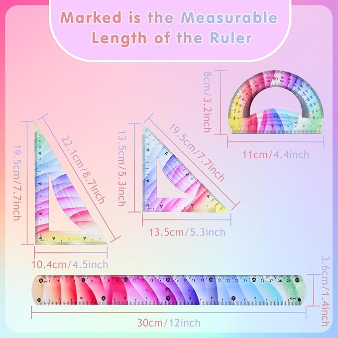 4 Pcs Flexible Rulers Set, Colorful Geometry Kit, Plastic Bendable Shatterproof Soft Rulers, Clear Ruler 30 cm/ 12 Inch, Triangle Rulers and Protractor for Back to School Supplies (12 Inch)