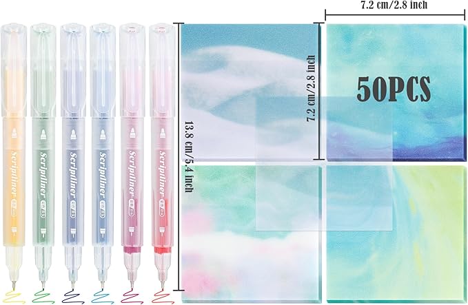 BAYTORY 200 Sheets Transparent Sticky Notes, 6Pcs Double-Ended Colored Marker Pen, 3 x 3 Glitter Clear Sticky Notes, Waterproof Self-Stick Note, Easy to Post for Note Taking (Morandi)