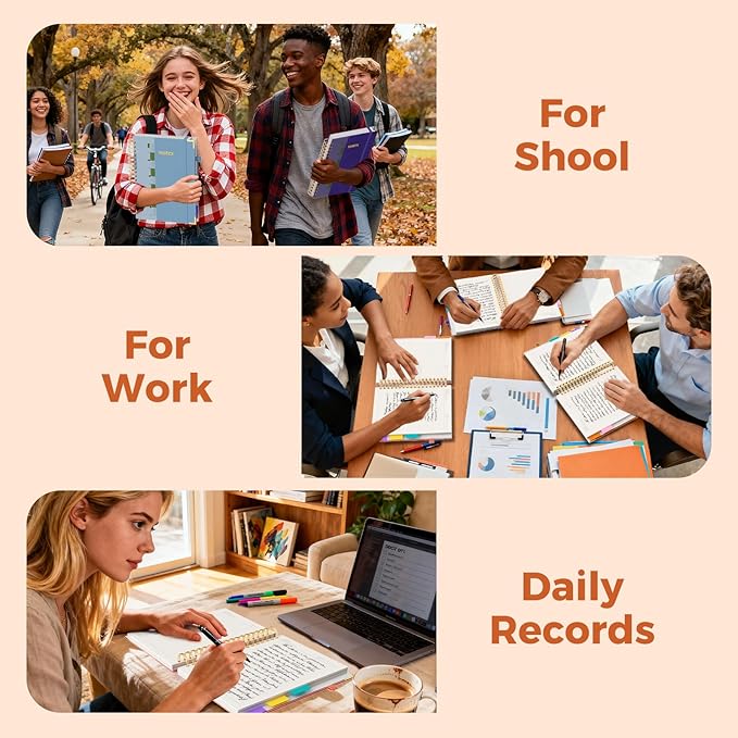 Line Hardcover Spiral Notebook with Removable Dividers Tabs & Ruler, 5 Subject Notebook College Ruled, 300 Page, Large 8"x10" B5 Notebooks for Work School, Lined Journal for Women, Light Blue