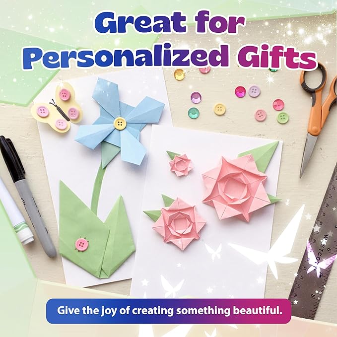 Pinwheel Crafts Flower Origami Kit for Kids Ages 8-12 | 150 Pcs Origami Paper Kit w/Spring Color Folding Papers,Easter Crafts, Chenille Stems,Buttons and Jewels, Arts and Crafts Paper Book for Kids