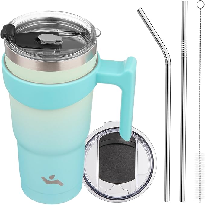 Konokyo 20 oz Tumbler with Handle and 2 Straw 2 Lid, Insulated Water Bottle Stainless Steel Vacuum Cup Reusable Travel Mug, Mint
