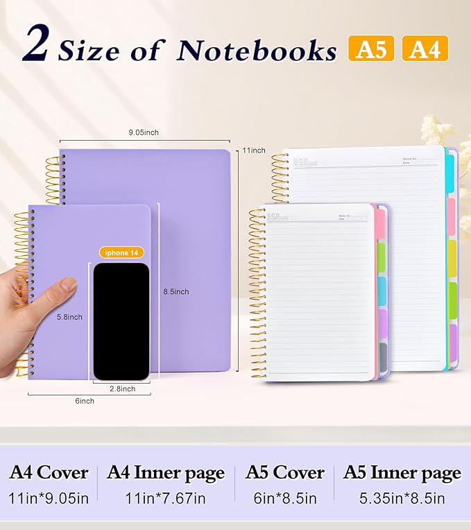 5 Subject Notebook College Ruled 240 Pages, A5(5.8"x8.3") Hardcover Spiral Notebook with Removable Pocket Dividers Tabs, Lined Spiral Journal Notebook for Women, Notebooks for Work School Note taking purple