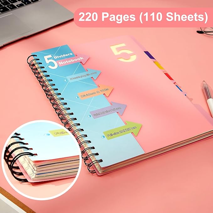 CAGIE 5 Subject Notebook 8.5 x 11，A4 Spiral Notebooks College Ruled Spiral Notebook with Dividers Tabs，220 Pages Lined Spiral Notebook for Note Taking, School, Work, Pink