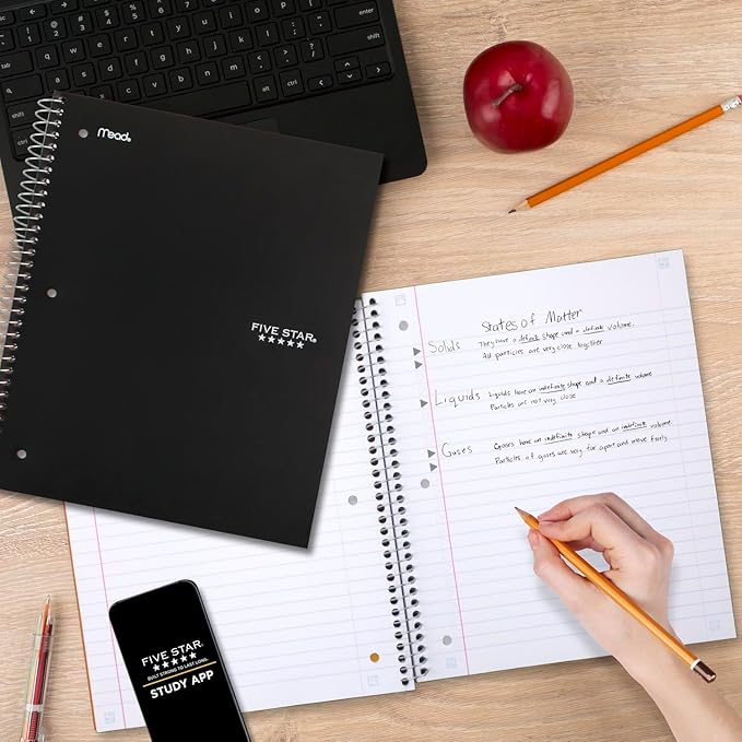 Five Star Spiral Notebook, 3 Subject, Wide Ruled, 8" x 10-1/2" | 150 Sheets | Black | Pack of 2 | Study App