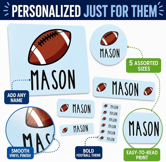 Andaz Press Custom Personalized Waterproof School Name Labels, Football, 120-Pack, Kids Labels Combo Pack, Customizable Multi-Use Name Stickers for Preschool, Daycare, Supplies, Office, Water Bottle