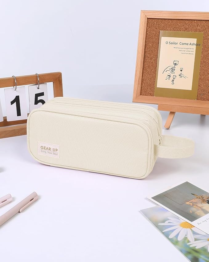SKYDUE Large Capacity Pencil Case with Handle, 3 Compartment Canvas Pencil Pouch, Cute Soft Color Pencil Bag for Pens, Markers, Aesthetic Stationery and Organizer for Teen Girls Adult, Beige