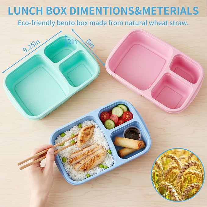 4 Pack Bento Lunch Box Set, 3 Compartment Leakproof Stackable Food Containers, Reusable Wheat Straw Lunch Boxes for Adults Work and Travel