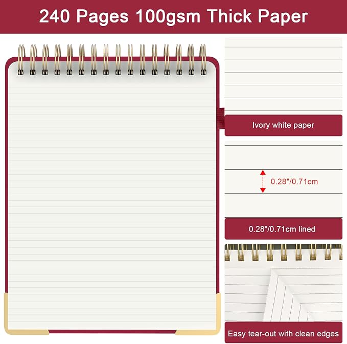 Mousbull Top Spiral Notebook, A4 Hardcover Top Bound Steno Pads, 240 Pages 100gsm College Ruled Left Handed Notebook Journal for Work, School, Meeting Writing - Red, 8.5" x 11"