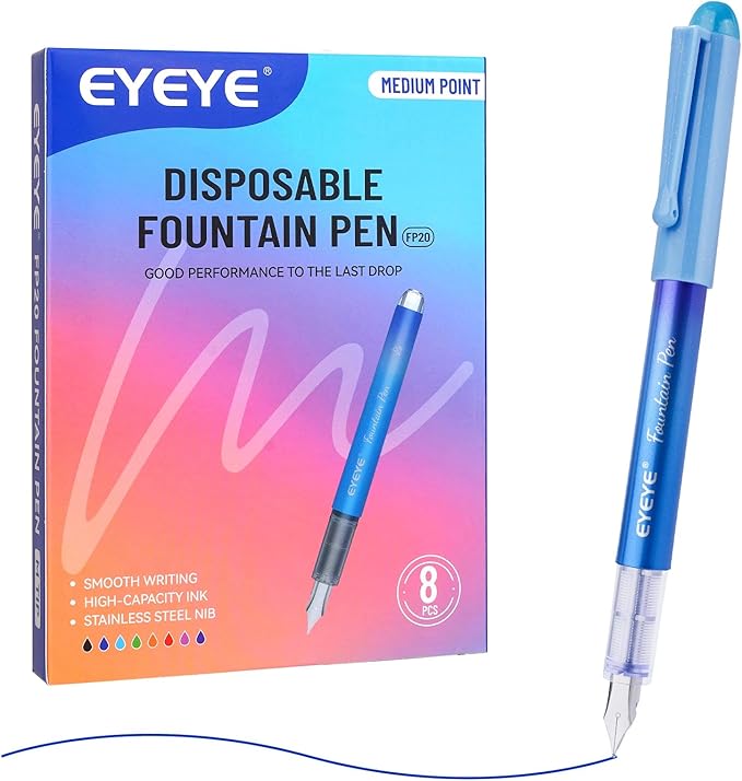 EYEYE Disposable Fountain Pens for Writing, Pack of 8 Black Fountain Pens Medium Point Stainless Steel Nib