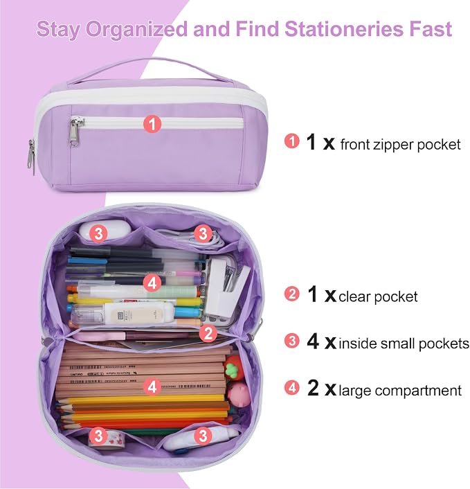 Large Pencil Pouch for Teen Girls, 8 Compartments, Purple | Large capacity pencil case, wide-opening organizer fits calculators, markers, pens; for middle school, high school, college