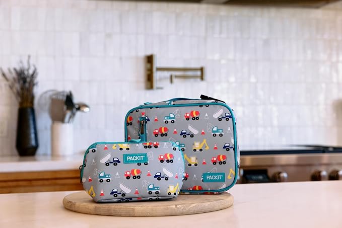 PackIt Freezable Classic Lunch Box, Construction Trucks | Built-in ice packs, EcoFreeze+ Technology, Zip Closure, Zip front pocket, Side-release buckle handle, Collapsible, Reusable