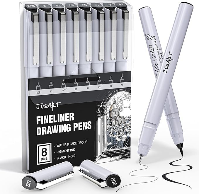 JusArt Fineliner Pens, 8 Sizes, Ultra Fine, Fine Point & Brush, Waterproof Black Pigment Ink Drawing Art Pens for Illustration, Sketching, Writing, Journaling, Bible Journaling, Technical Drawing Pens