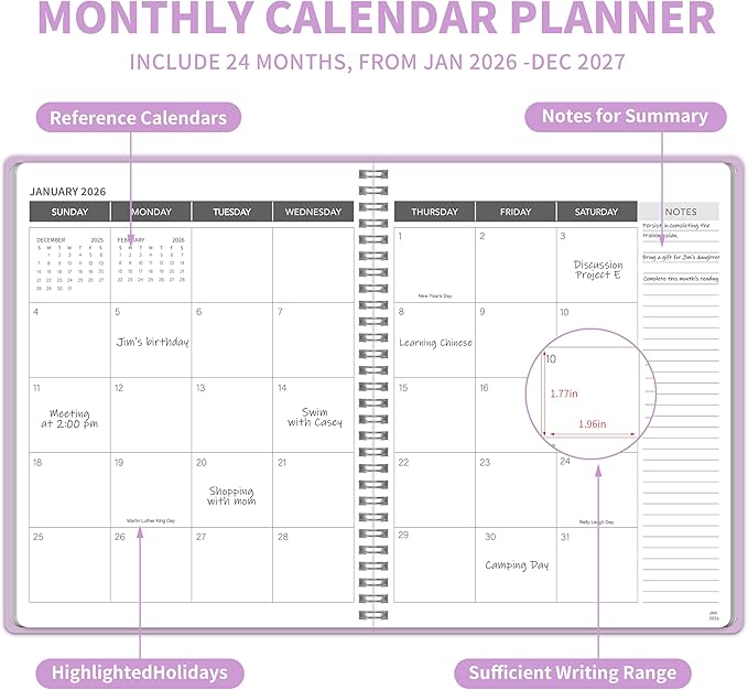 Monthly Planner 2026-2027, 2026 Calendar 24 Months Planner, Jan 2026 - Dec 2027, 8.6" x 11", Academic Calendar Hard PVC Cover with Spiral Bound, Perfect for School & Office for Women & Men