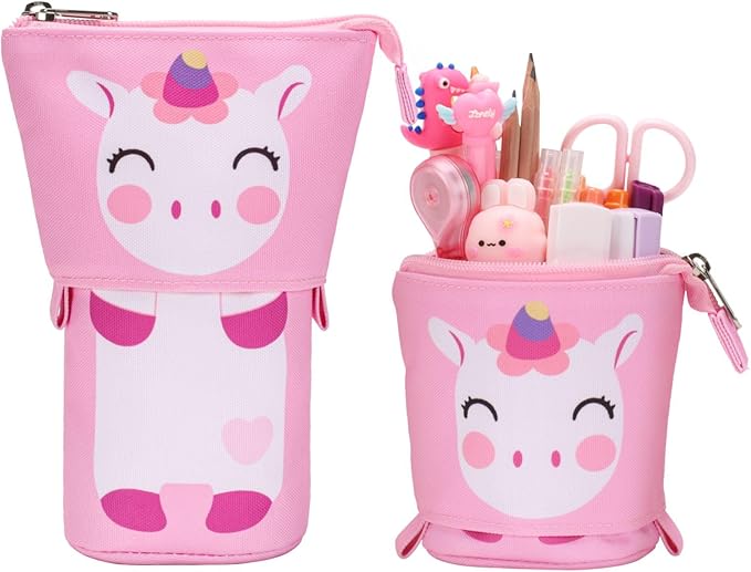 Standing Pencil Case Girls - Telescopic Pouch for Kids, Cute Kawaii Pencil Case for Girls, Big Capacity Stand Up Pencil Pouch for Kids, Pink Unicorn