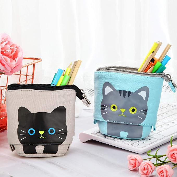 Zonon 4 Pieces Standing Pencil Case Cat Print Telescopic Pencil Case Stand up Pen Holder Canvas PU Cartoon Portable Makeup Bag for School Office Cosmetics Gift Supply(Cat Print)