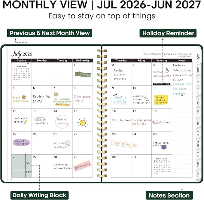 Academic Planner 2026-2027, Weekly and Monthly Calendar Planner Book, July 2026 – June 2027, Hardcover Organizer with Tabs, Perfect for Teachers, Students, Women & Men, A5 (6.4" x 8.5") - DarkGreen